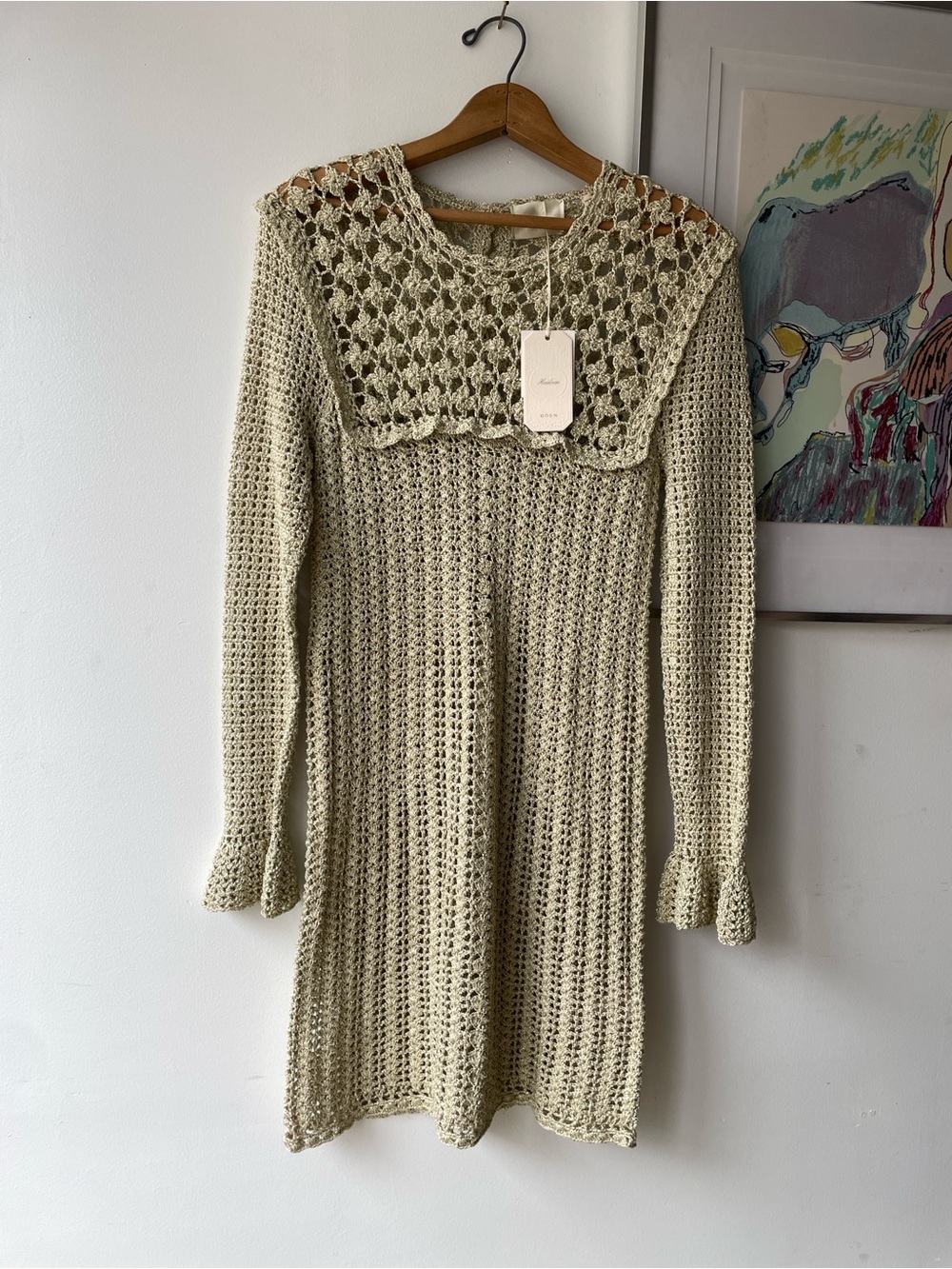 NWT Doen Heirloom Videya Open-Knit Metallic Gold Crochet Dress Mini Medium